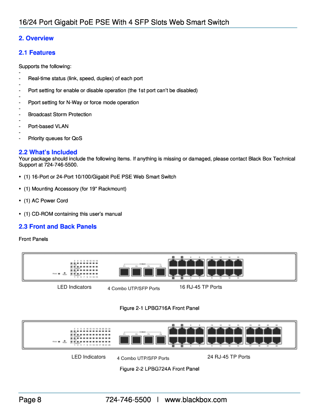 Black Box 16-/24-Port Gigabit PoE PSE Web Smart Switch with 4 SFP Slot manual Overview 2.1 Features, What’s Included, Page 