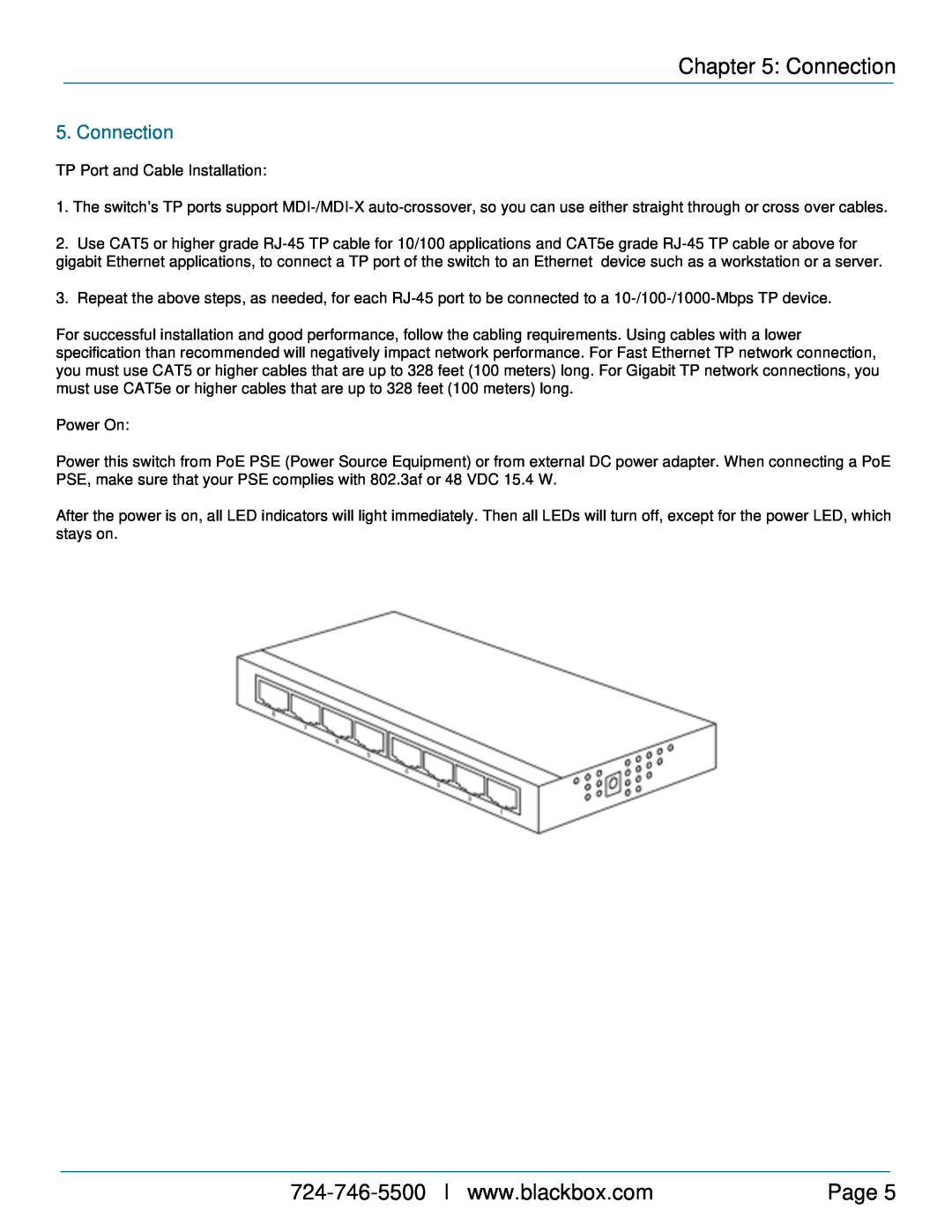 Black Box LPDG705AE, LPDG708AE, 5-/8-Port 10/100/Gigabit Switch with 1 PoE PD Port manual Connection, Page 