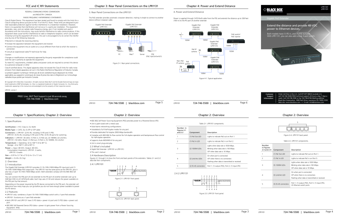 Black Box Black Box PoE Extender specifications FCC and IC RFI Statements, Rear Panel Connections on the LPR1131, Overview 