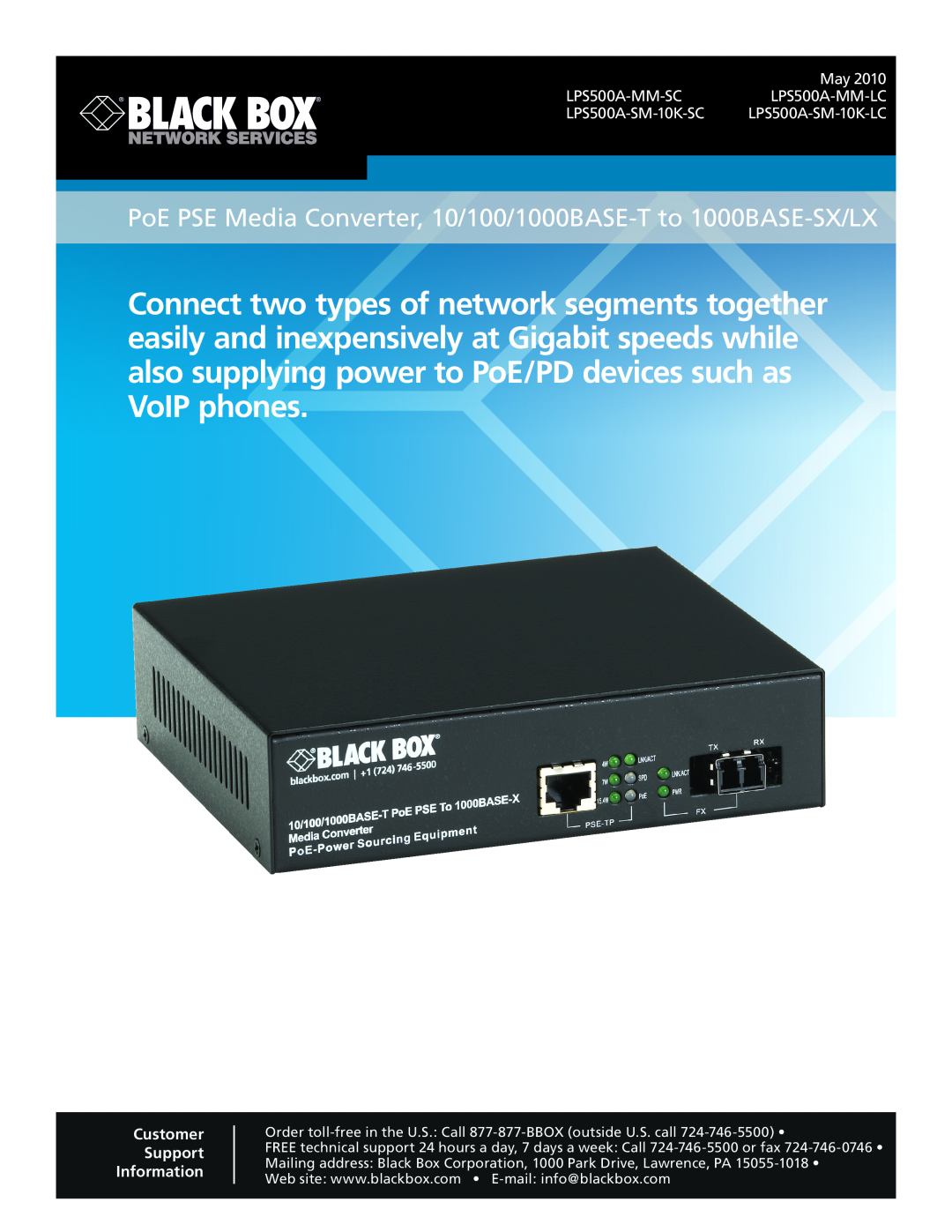 Black Box PoE PSE Media Converter manual May LPS500A-MM-SCLPS500A-MM-LC, LPS500A-SM-10K-SC LPS500A-SM-10K-LC 