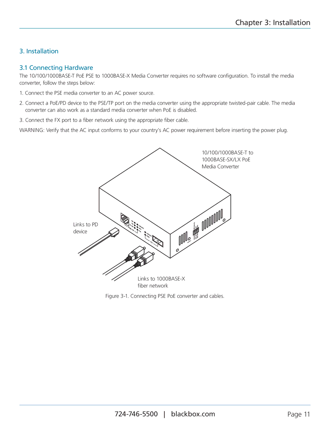 Black Box PoE PSE Media Converter, LPS500A-MM-SC, LPS500A-MM-LC, LPS500A-SM-10K-SC manual Installation Connecting Hardware 