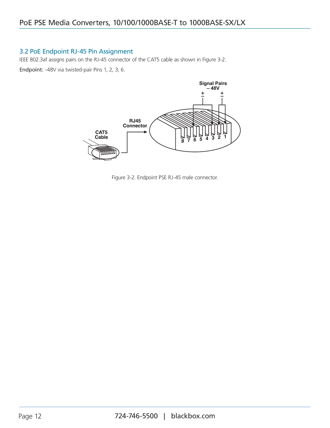 Black Box LPS500A-MM-LC, LPS500A-MM-SC manual PoE Endpoint RJ-45 Pin Assignment, Endpoint PSE RJ-45 male connector 