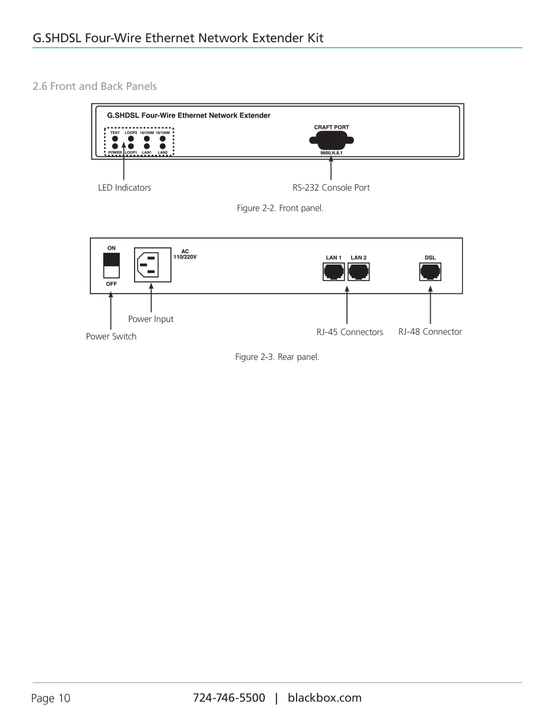 Black Box LR0202A-KIT, G.SHDSL Four-Wire Ethernet Network Extender Kit manual Front and Back Panels, Front panel 