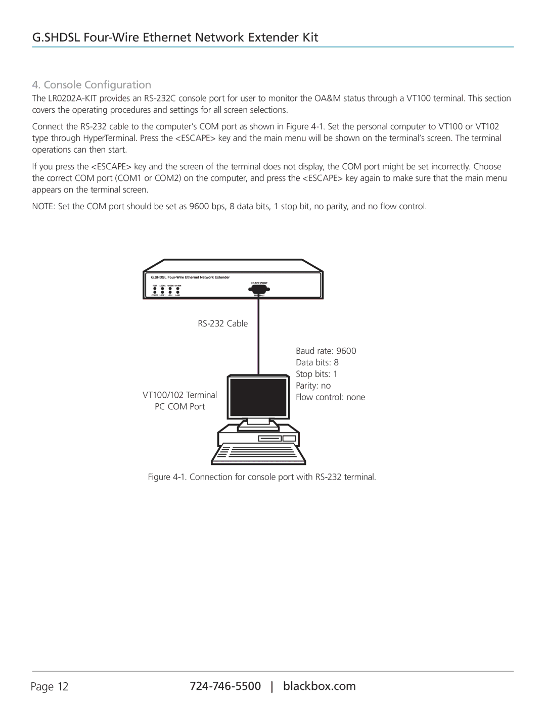 Black Box LR0202A-KIT manual Console Configuration, Connection for console port with RS-232 terminal 