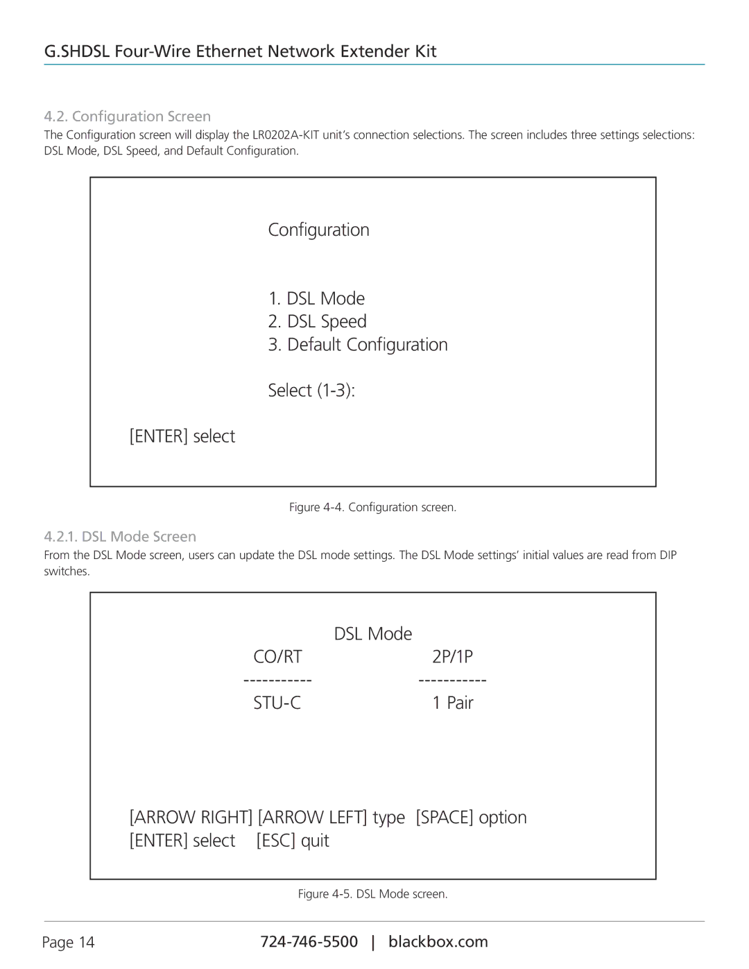 Black Box LR0202A-KIT, G.SHDSL Four-Wire Ethernet Network Extender Kit manual Configuration Screen, DSL Mode Screen 