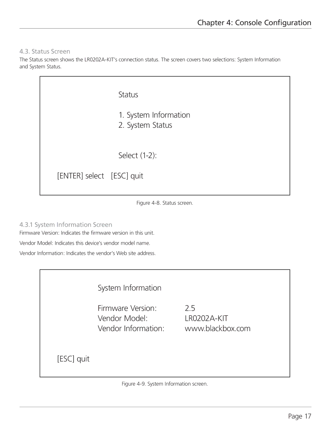 Black Box G.SHDSL Four-Wire Ethernet Network Extender Kit, LR0202A-KIT manual Status Screen, System Information Screen 