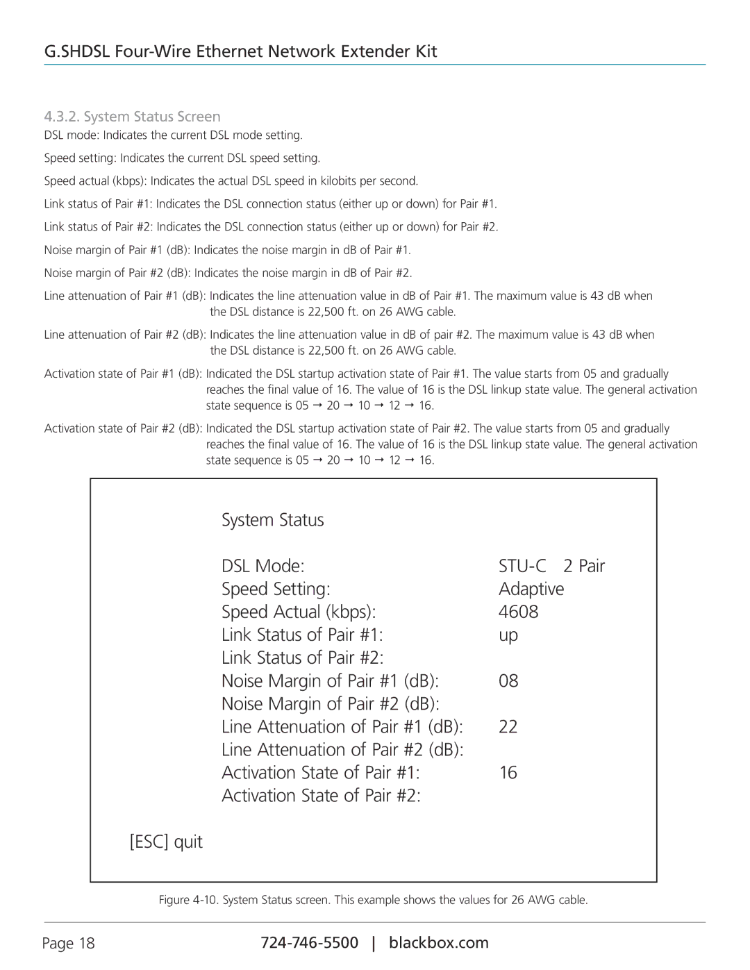 Black Box LR0202A-KIT, G.SHDSL Four-Wire Ethernet Network Extender Kit manual System Status Screen 