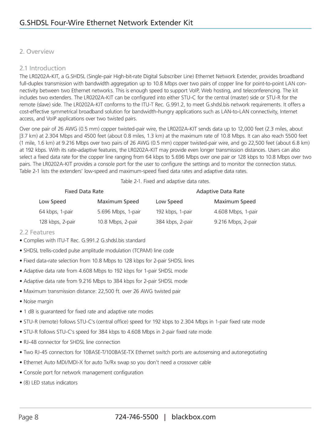 Black Box LR0202A-KIT, G.SHDSL Four-Wire Ethernet Network Extender Kit manual Overview Introduction, Features 