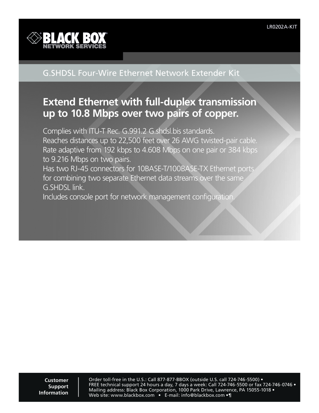 Black Box G.SHDSL Four-Wire Ethernet Network Extender Kit, LR0202A-KIT manual 