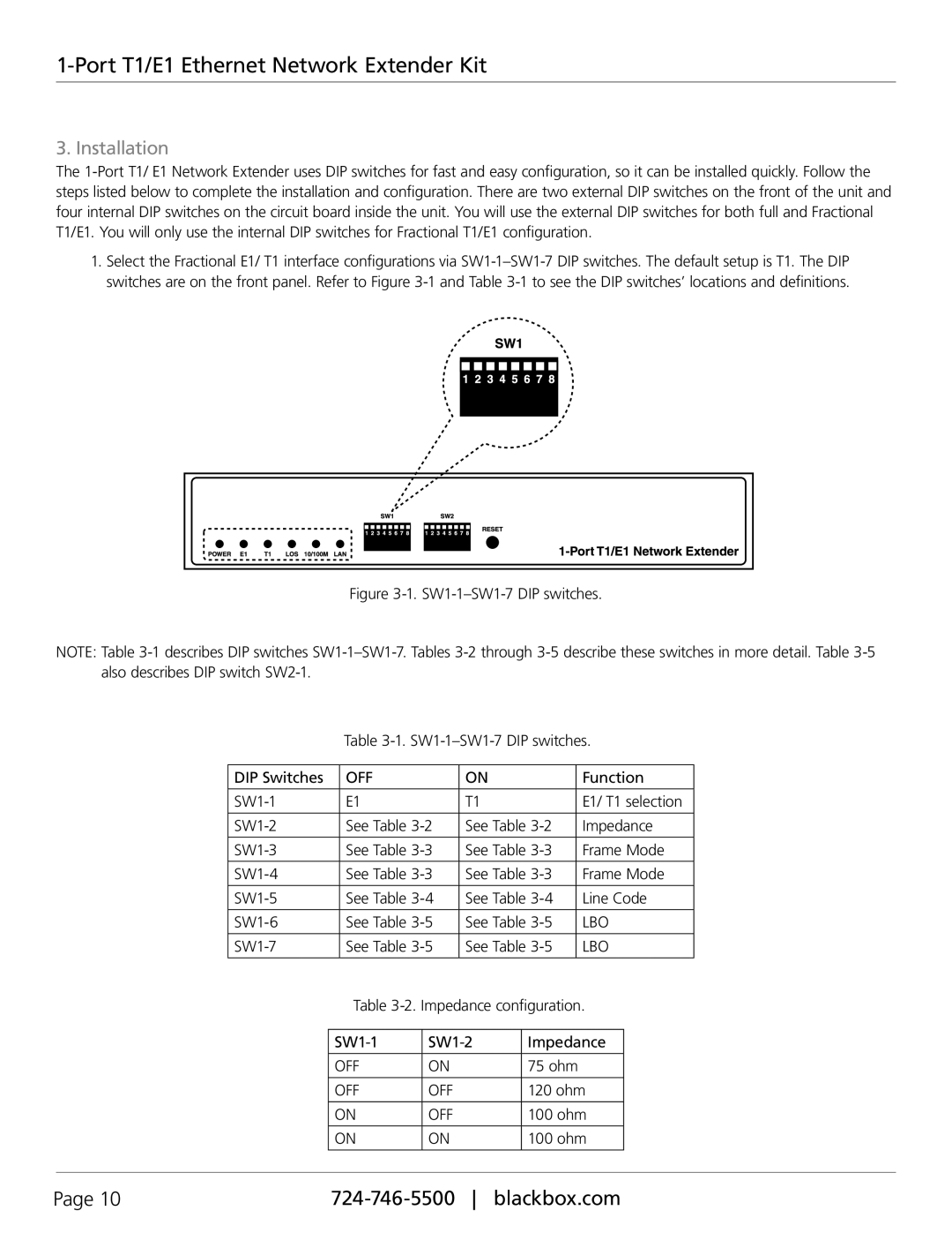 Black Box LR0301A-KIT, 1-Port T1/E1 Ethernet Network Extender Kit manual Installation, Off, Lbo 