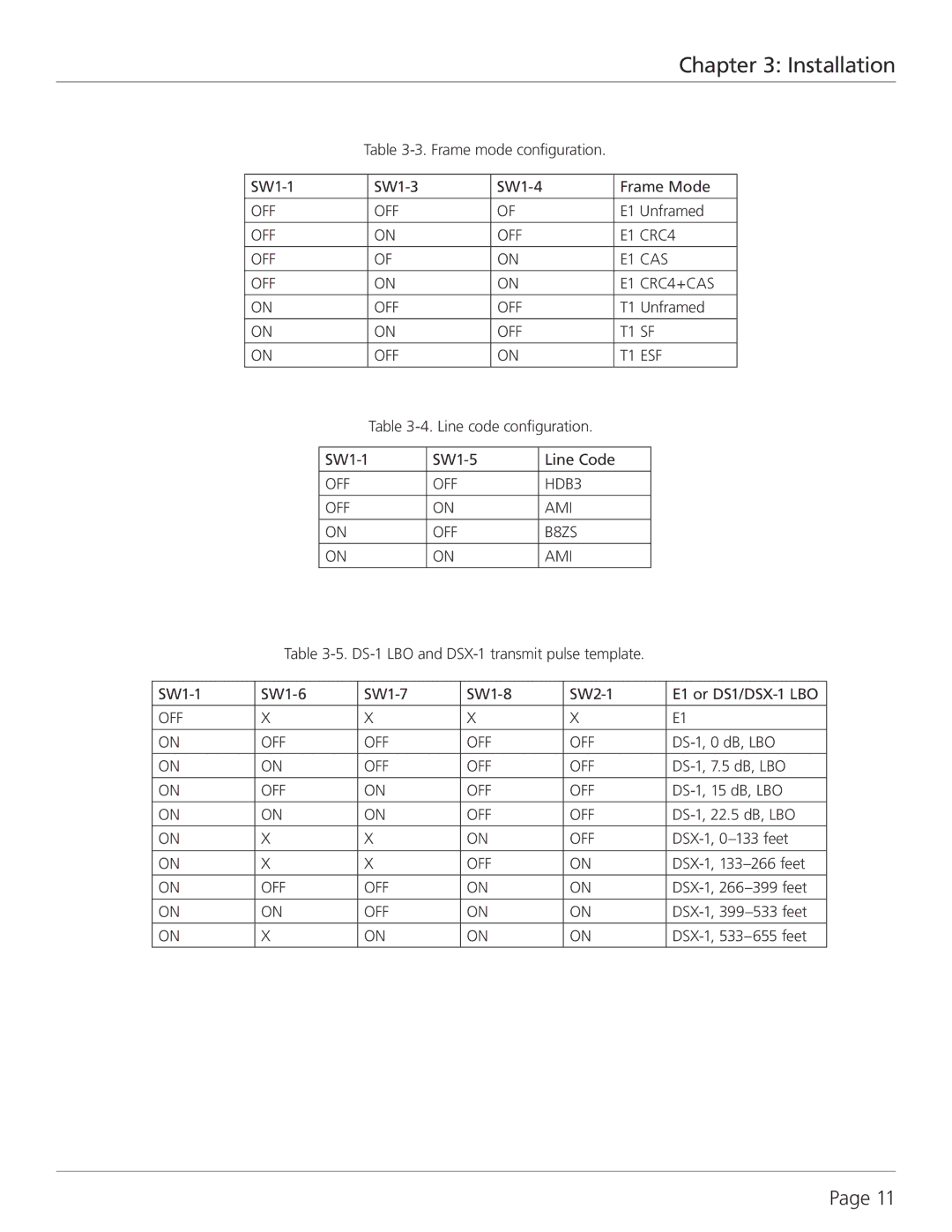 Black Box 1-Port T1/E1 Ethernet Network Extender Kit manual Installation, OFF E1 CRC4 E1 CAS E1 CRC4+CAS, OFF T1 SF T1 ESF 