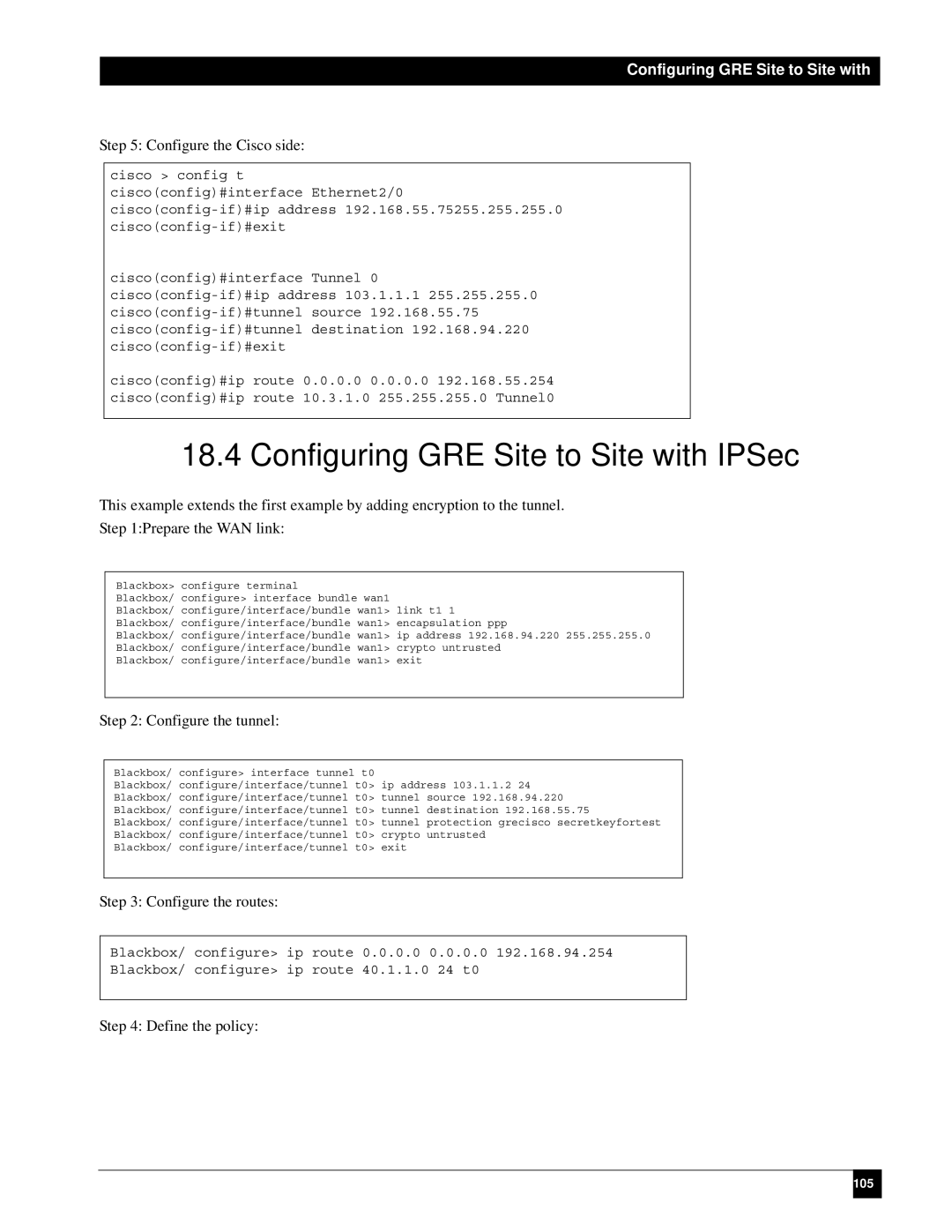 Black Box LR1102A-T1/E1, LR1112A-T1/E1, LR1114A-T1/E1, LR1104A-T1/E1 manual Configuring GRE Site to Site with IPSec 