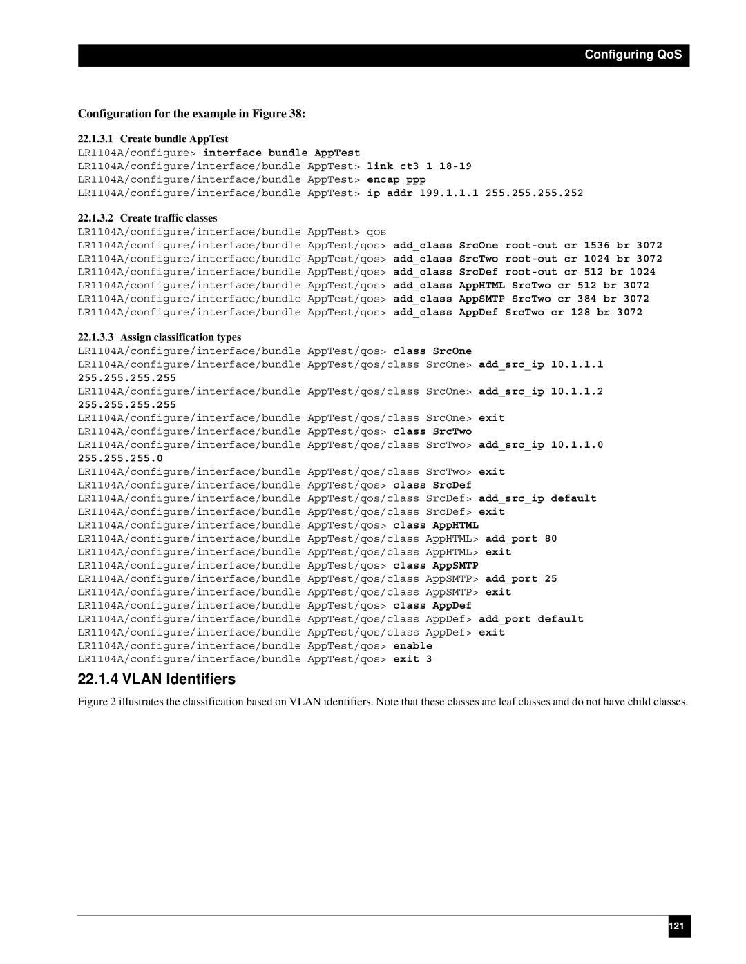 Black Box LR1102A-T1/E1, LR1112A-T1/E1 Vlan Identifiers, Configuring QoS, Create bundle AppTest, Create traffic classes 