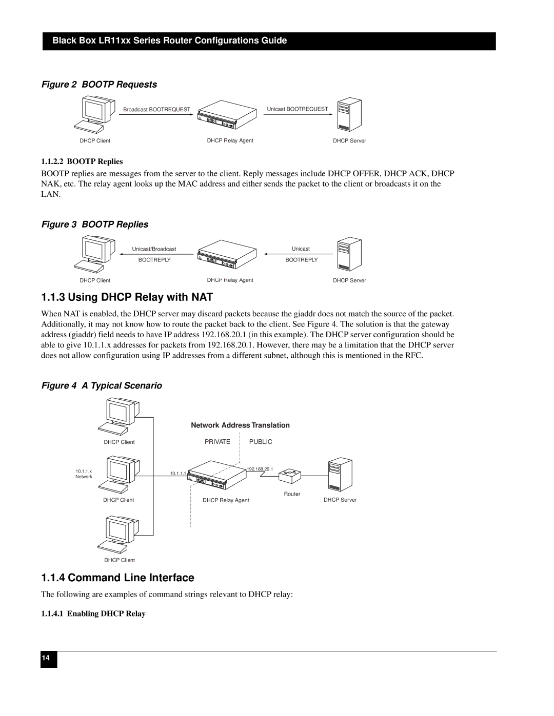 Black Box LR1112A-T1/E1 manual Using Dhcp Relay with NAT, Command Line Interface, Bootp Replies, Enabling Dhcp Relay 