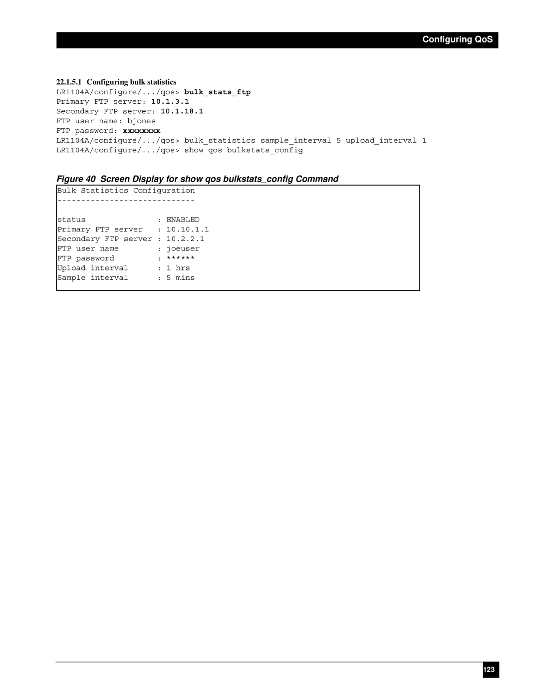 Black Box LR1114A-T1/E1, LR1112A-T1/E1 Screen Display for show qos bulkstatsconfig Command, Configuring bulk statistics 