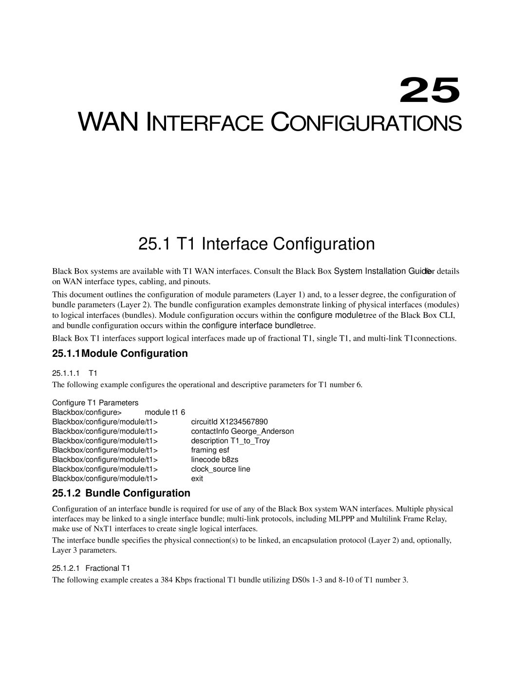 Black Box LR1114A-T1/E1 manual WAN Interface Configurations, 25.1 T1 Interface Configuration, 25.1.1Module Configuration 