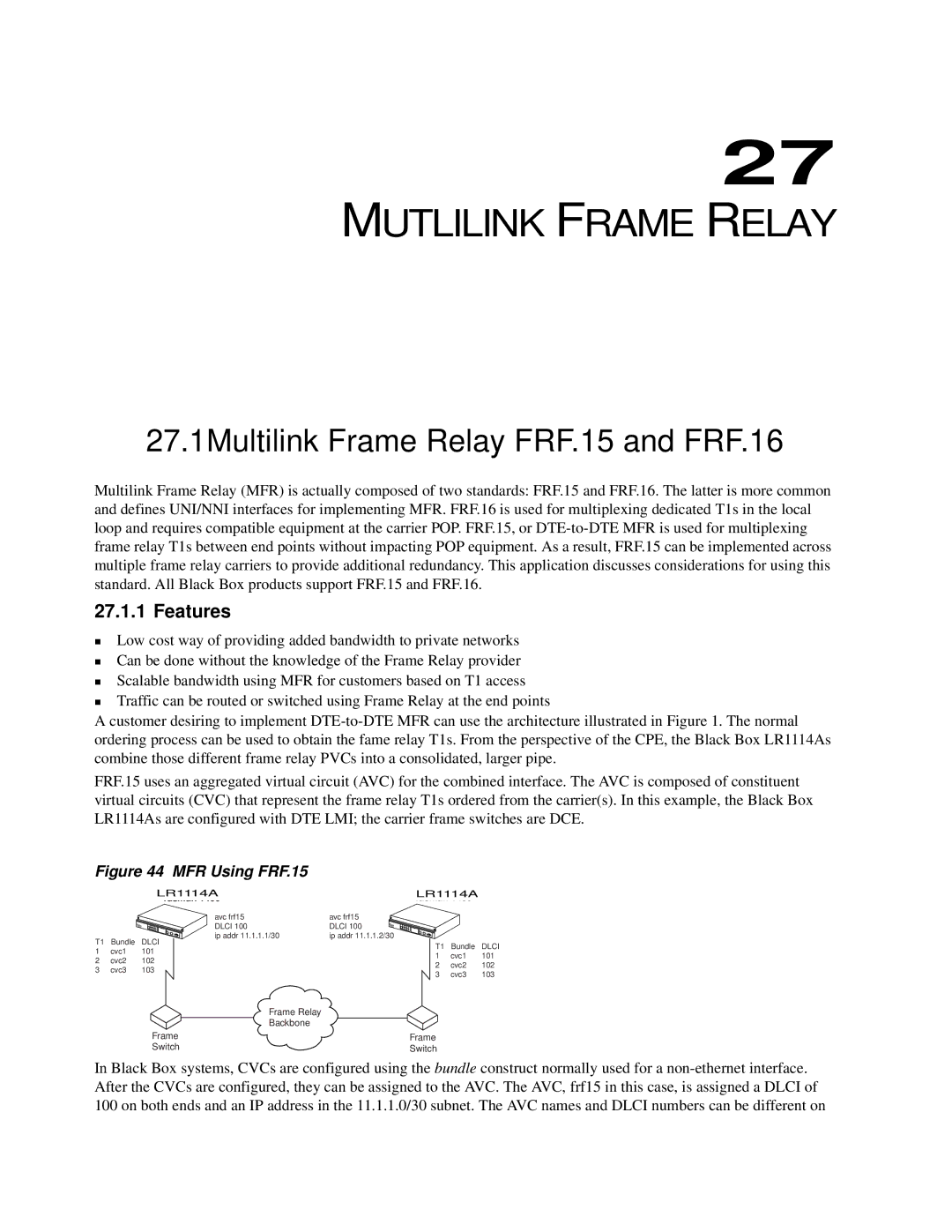 Black Box LR1102A-T1/E1, LR1112A-T1/E1 manual Mutlilink Frame Relay, 27.1Multilink Frame Relay FRF.15 and FRF.16, Features 