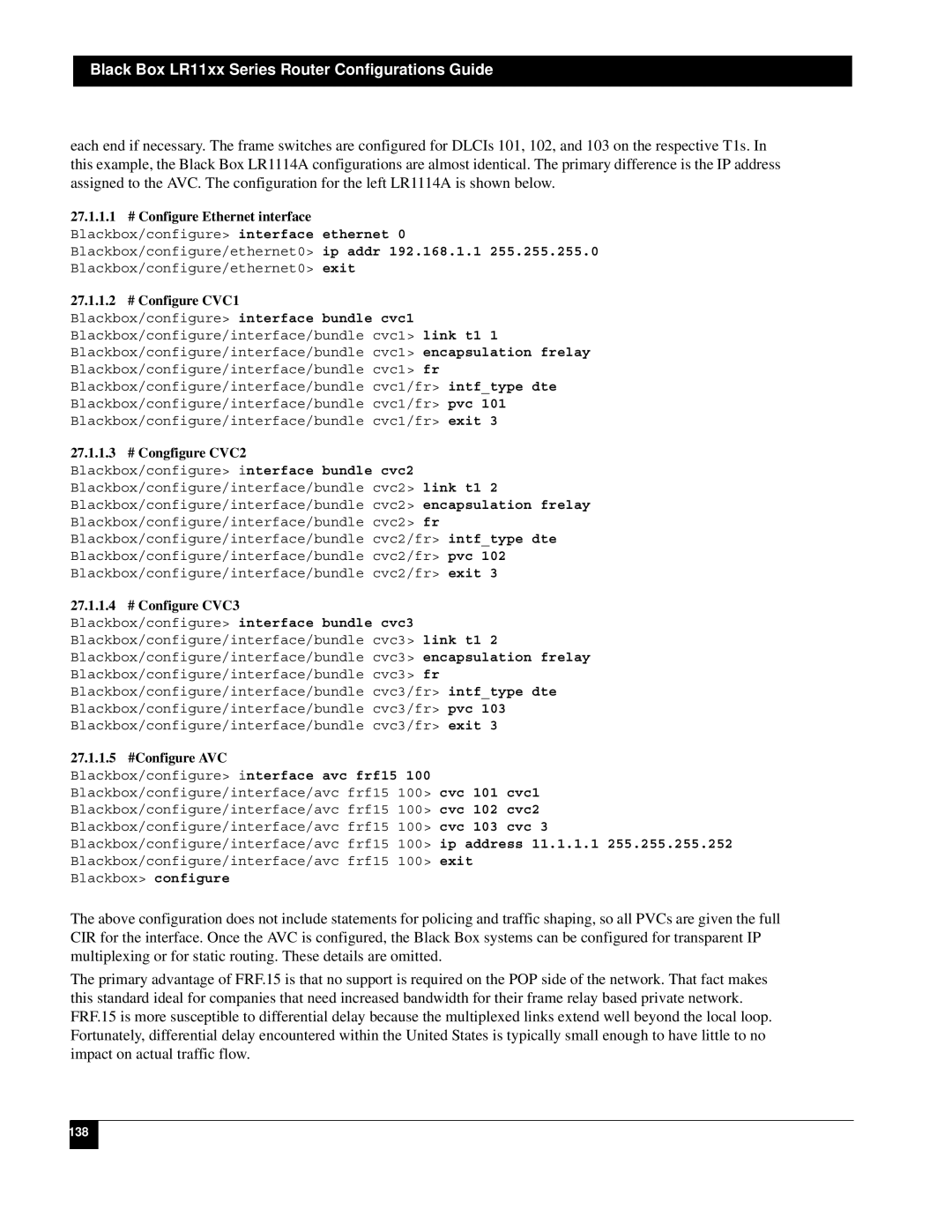 Black Box LR1112A-T1/E1 27.1.1.1 # Configure Ethernet interface, 27.1.1.2 # Configure CVC1, 27.1.1.3 # Congfigure CVC2 