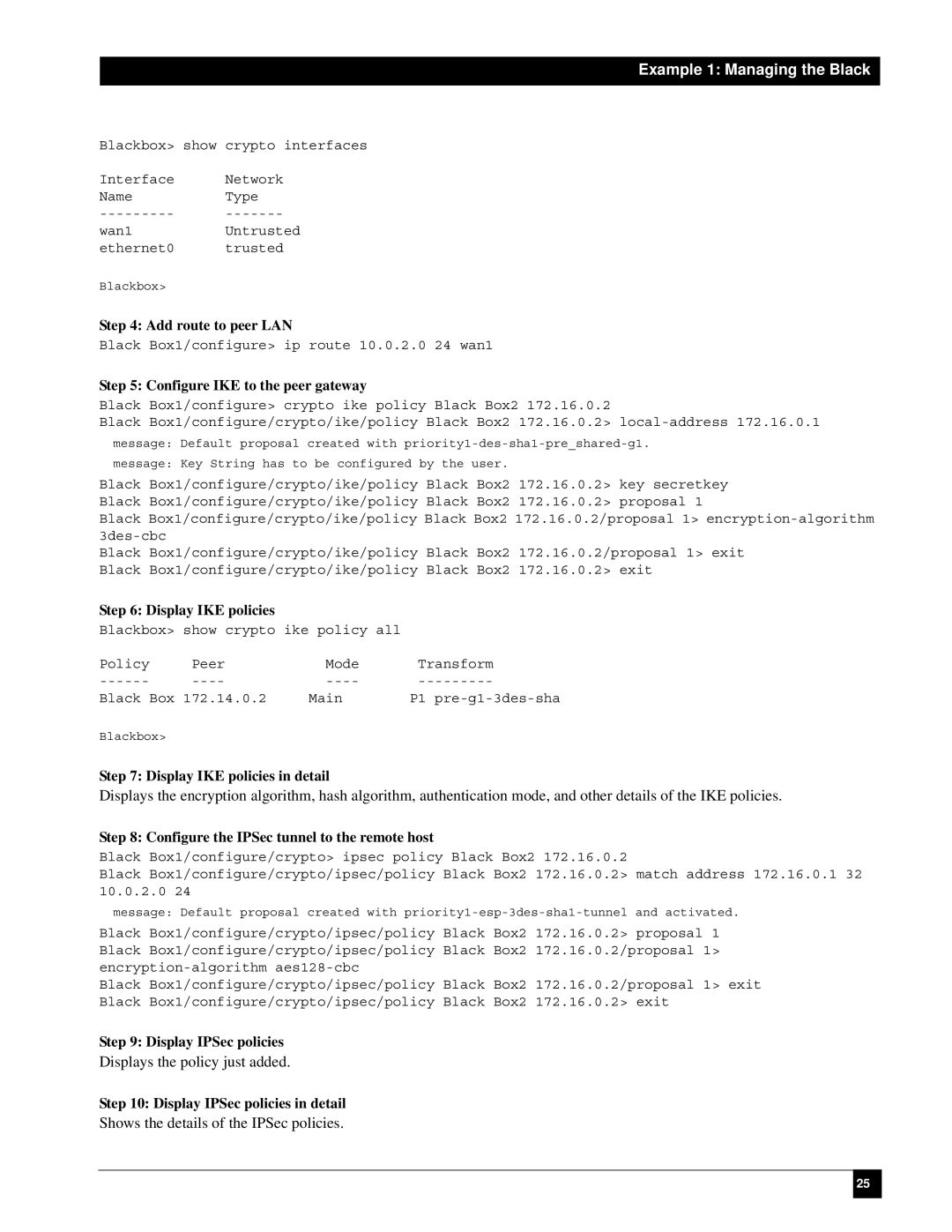 Black Box LR1102A-T1/E1, LR1112A-T1/E1, LR1114A-T1/E1 manual Example 1 Managing the Black, Configure IKE to the peer gateway 