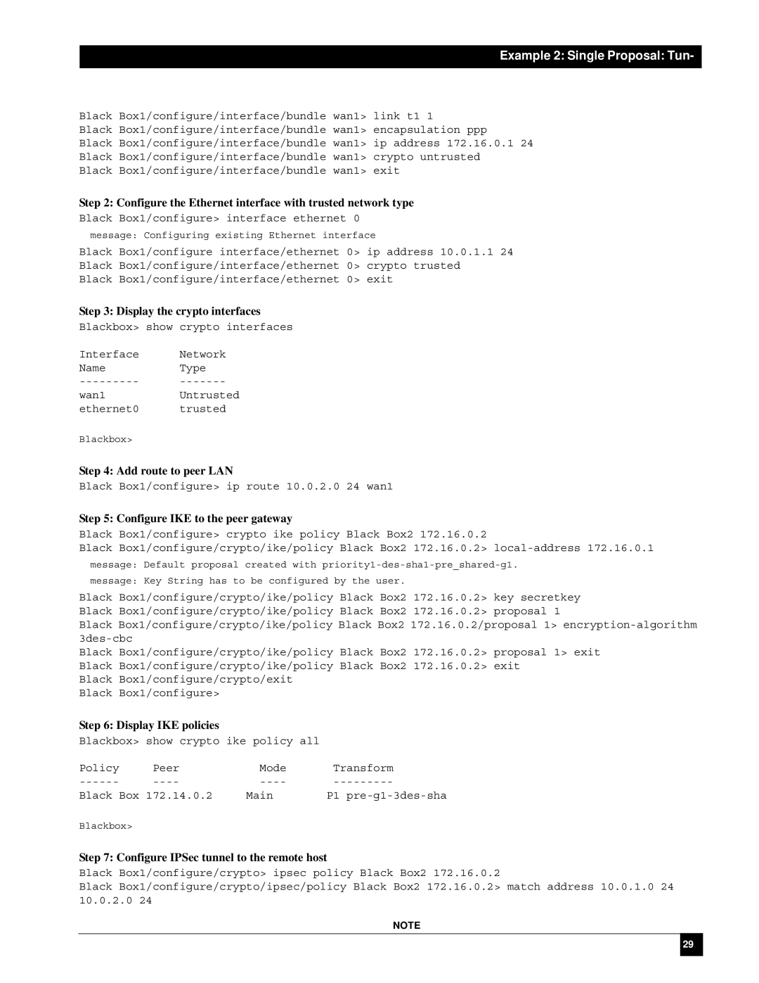 Black Box LR1102A-T1/E1, LR1112A-T1/E1 manual Example 2 Single Proposal Tun, Configure IPSec tunnel to the remote host 