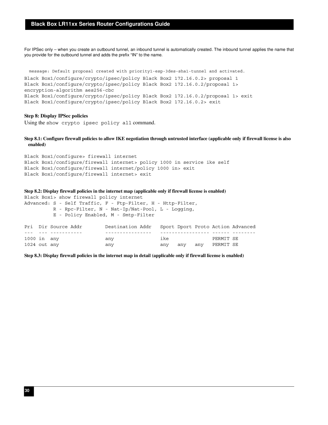 Black Box LR1112A-T1/E1, LR1114A-T1/E1, LR1104A-T1/E1, LR1102A-T1/E1 manual Using the show crypto ipsec policy all command 