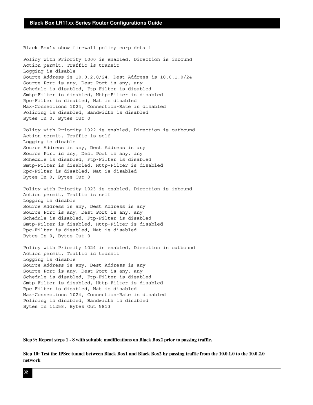 Black Box LR1104A-T1/E1, LR1112A-T1/E1, LR1114A-T1/E1, LR1102A-T1/E1 Black Box1 Show firewall policy corp detail Policy with 