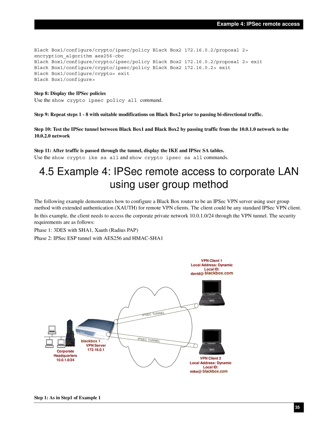 Black Box LR1114A-T1/E1, LR1112A-T1/E1, LR1104A-T1/E1, LR1102A-T1/E1 manual Example 4 IPSec remote access, As in of Example 