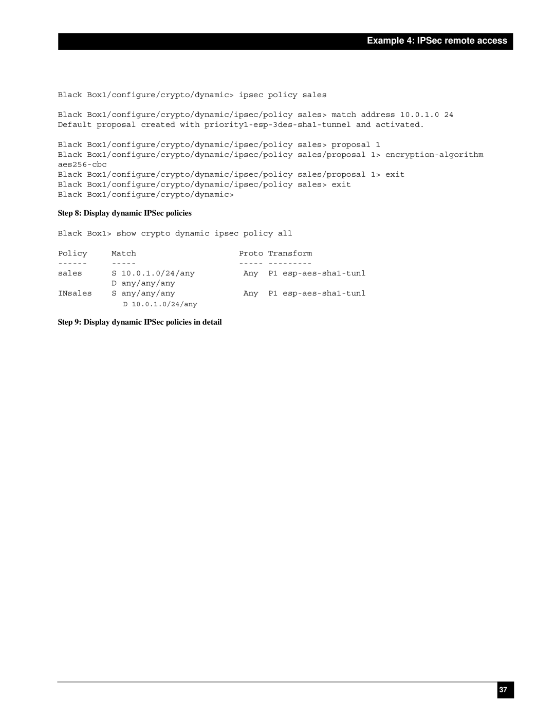 Black Box LR1102A-T1/E1, LR1112A-T1/E1, LR1114A-T1/E1, LR1104A-T1/E1 manual Display dynamic IPSec policies in detail 