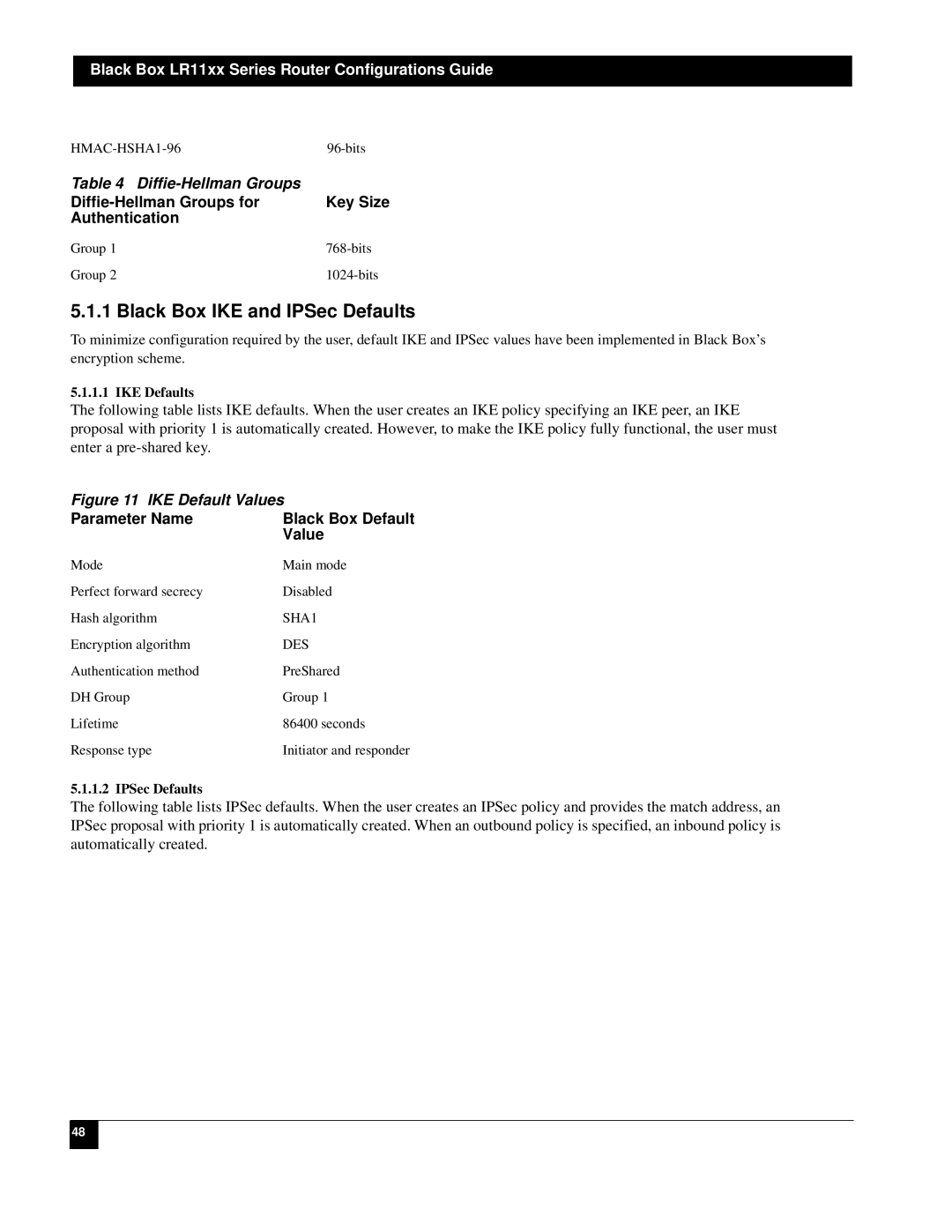 Black Box LR1104A-T1/E1, LR1112A-T1/E1, LR1114A-T1/E1, LR1102A-T1/E1 manual Black Box IKE and IPSec Defaults, IKE Defaults 