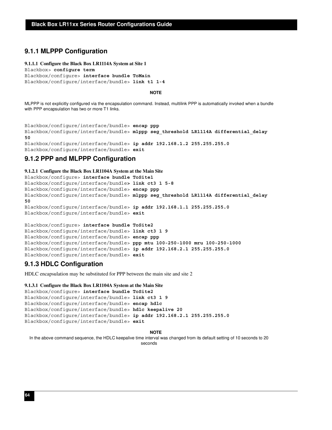 Black Box LR1104A-T1/E1, LR1112A-T1/E1, LR1114A-T1/E1, LR1102A-T1/E1 PPP and Mlppp Configuration, Hdlc Configuration 