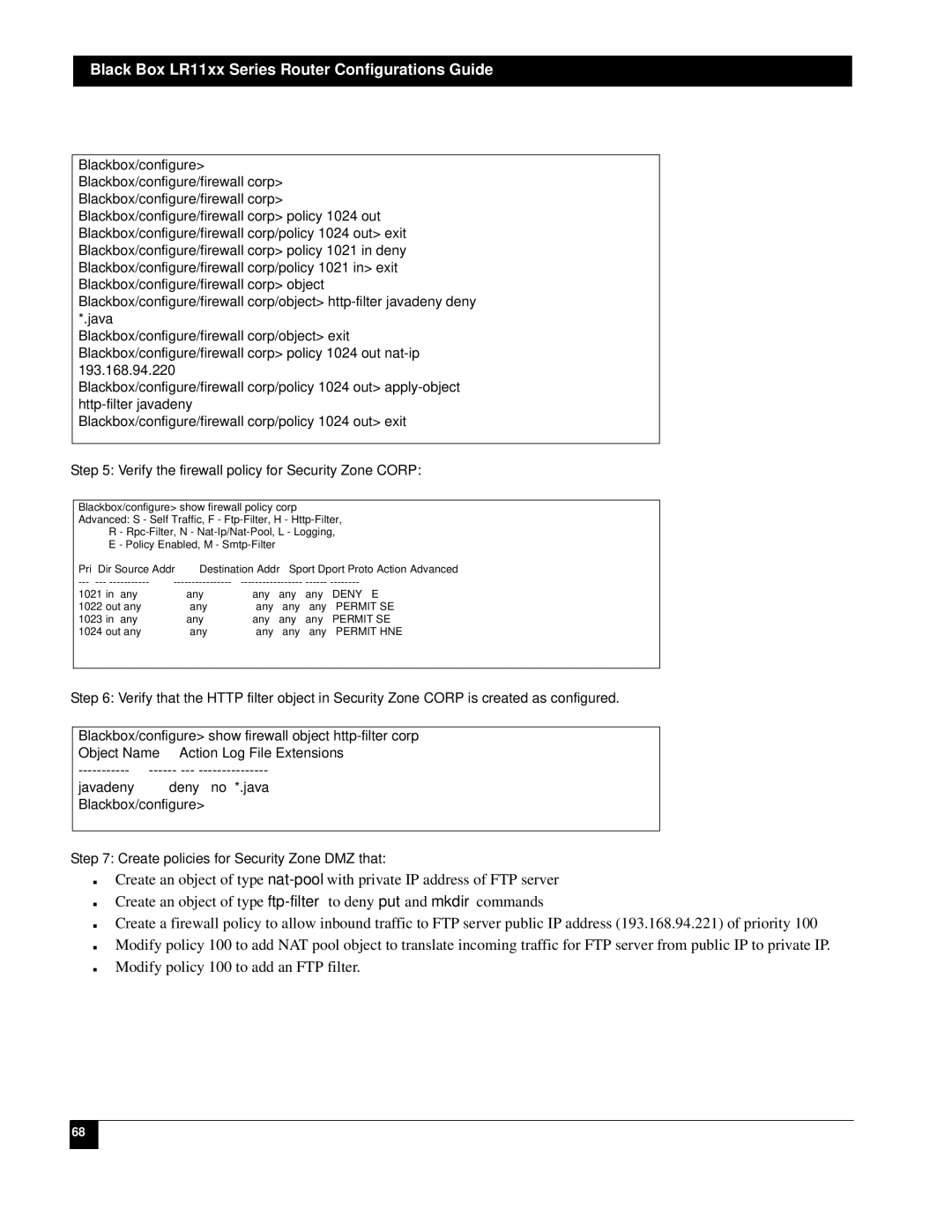 Black Box LR1104A-T1/E1 Verify the firewall policy for Security Zone Corp, Create policies for Security Zone DMZ that 