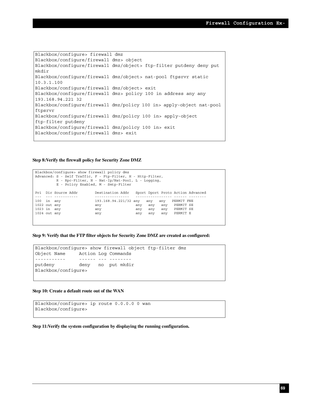 Black Box LR1102A-T1/E1 manual Verify the firewall policy for Security Zone DMZ, Create a default route out of the WAN 