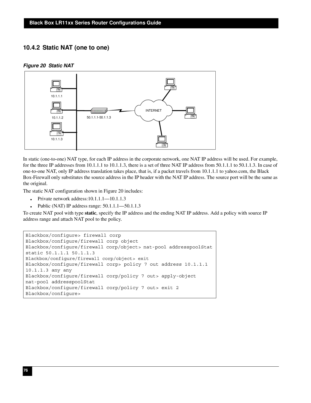 Black Box LR1104A-T1/E1, LR1112A-T1/E1, LR1114A-T1/E1, LR1102A-T1/E1 manual Static NAT one to one 