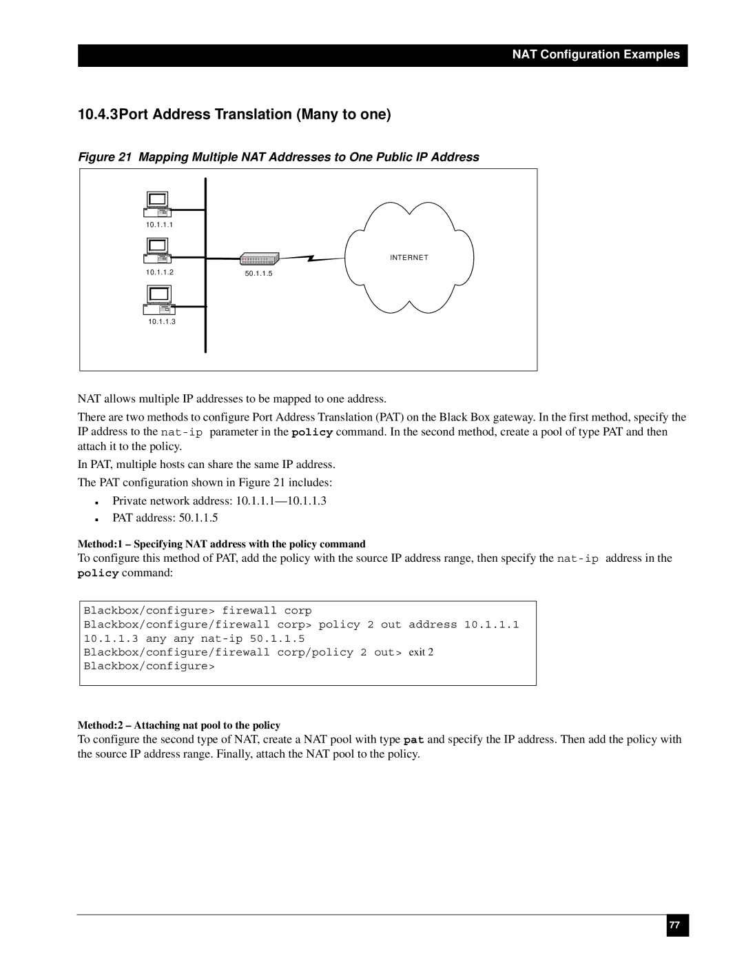 Black Box LR1102A-T1/E1 10.4.3Port Address Translation Many to one, Method1 Specifying NAT address with the policy command 