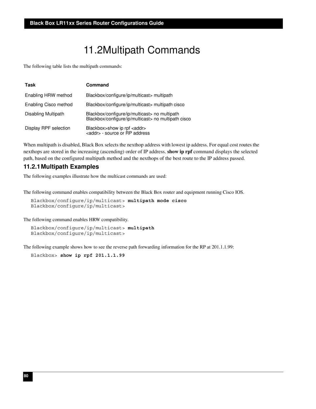 Black Box LR1104A-T1/E1, LR1112A-T1/E1, LR1114A-T1/E1, LR1102A-T1/E1 manual 11.2Multipath Commands, 11.2.1Multipath Examples 