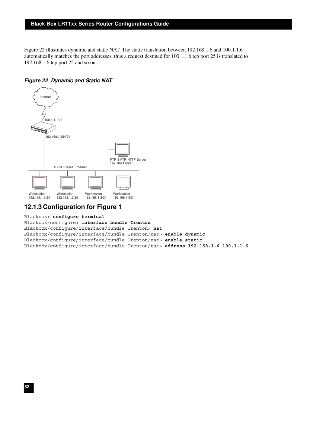 Black Box LR1112A-T1/E1, LR1114A-T1/E1, LR1104A-T1/E1, LR1102A-T1/E1 manual Configuration for Figure, Dynamic and Static NAT 