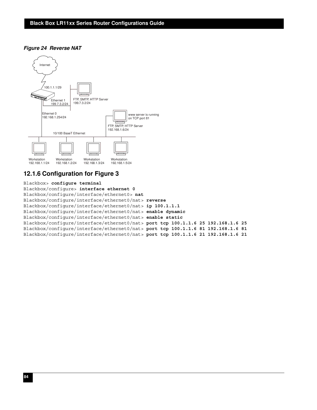 Black Box LR1104A-T1/E1, LR1112A-T1/E1, LR1114A-T1/E1, LR1102A-T1/E1 manual Reverse NAT, Blackbox configure terminal 