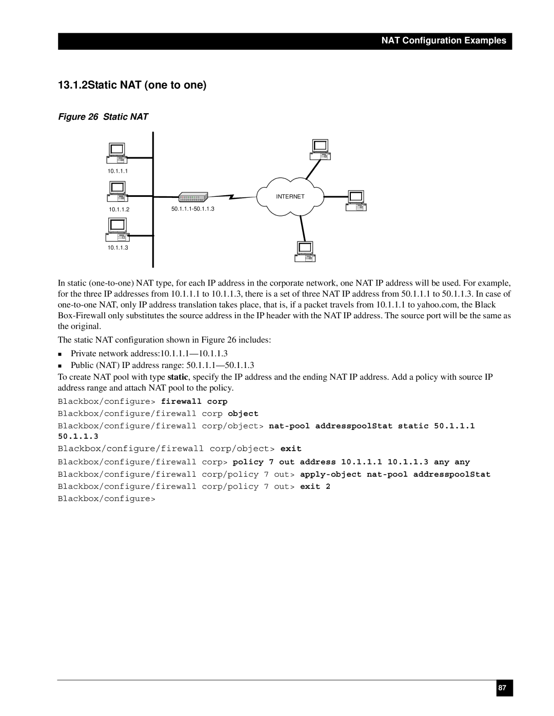 Black Box LR1114A-T1/E1, LR1112A-T1/E1, LR1104A-T1/E1, LR1102A-T1/E1 13.1.2Static NAT one to one, NAT Configuration Examples 