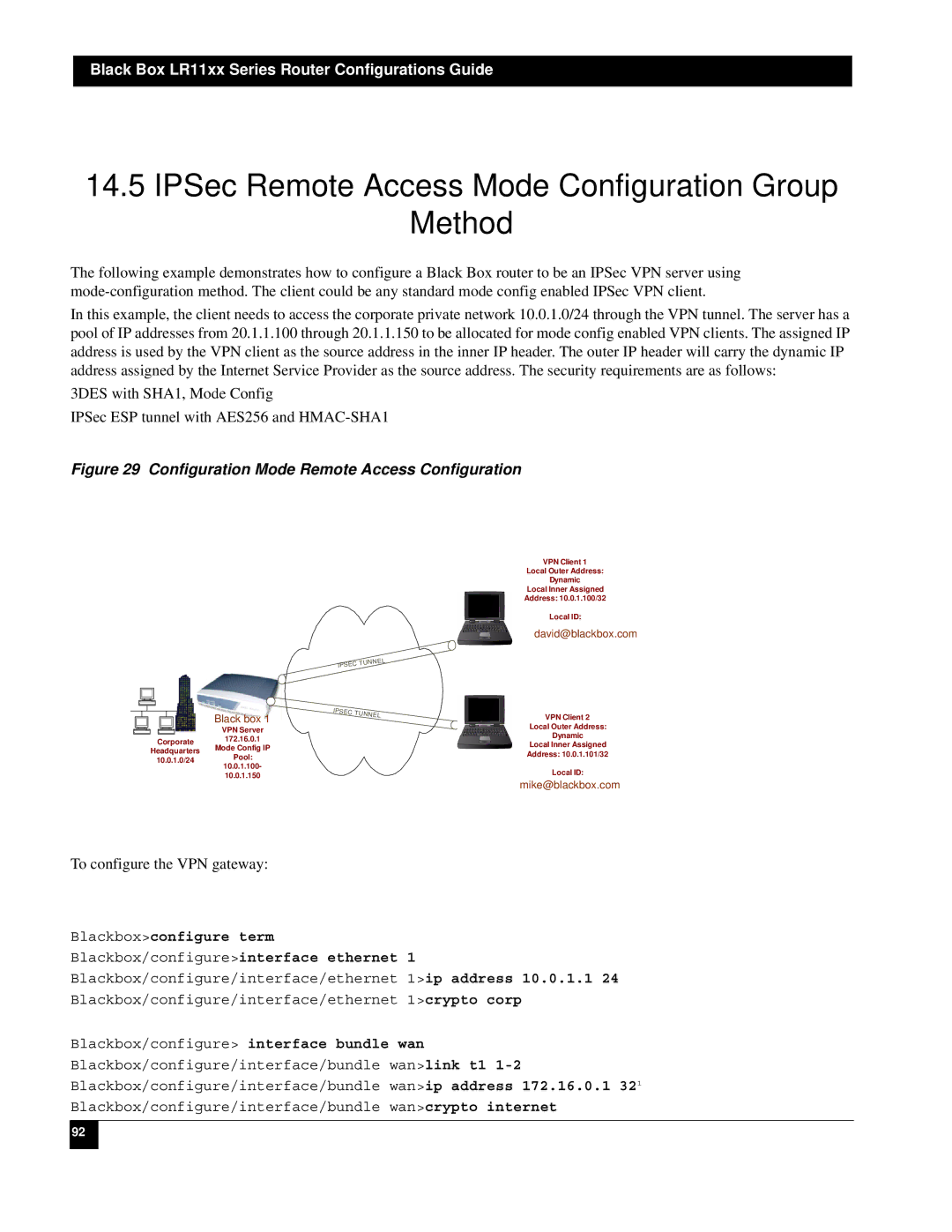 Black Box LR1104A-T1/E1, LR1112A-T1/E1 manual IPSec Remote Access Mode Configuration Group Method, David@blackboxcom .com 