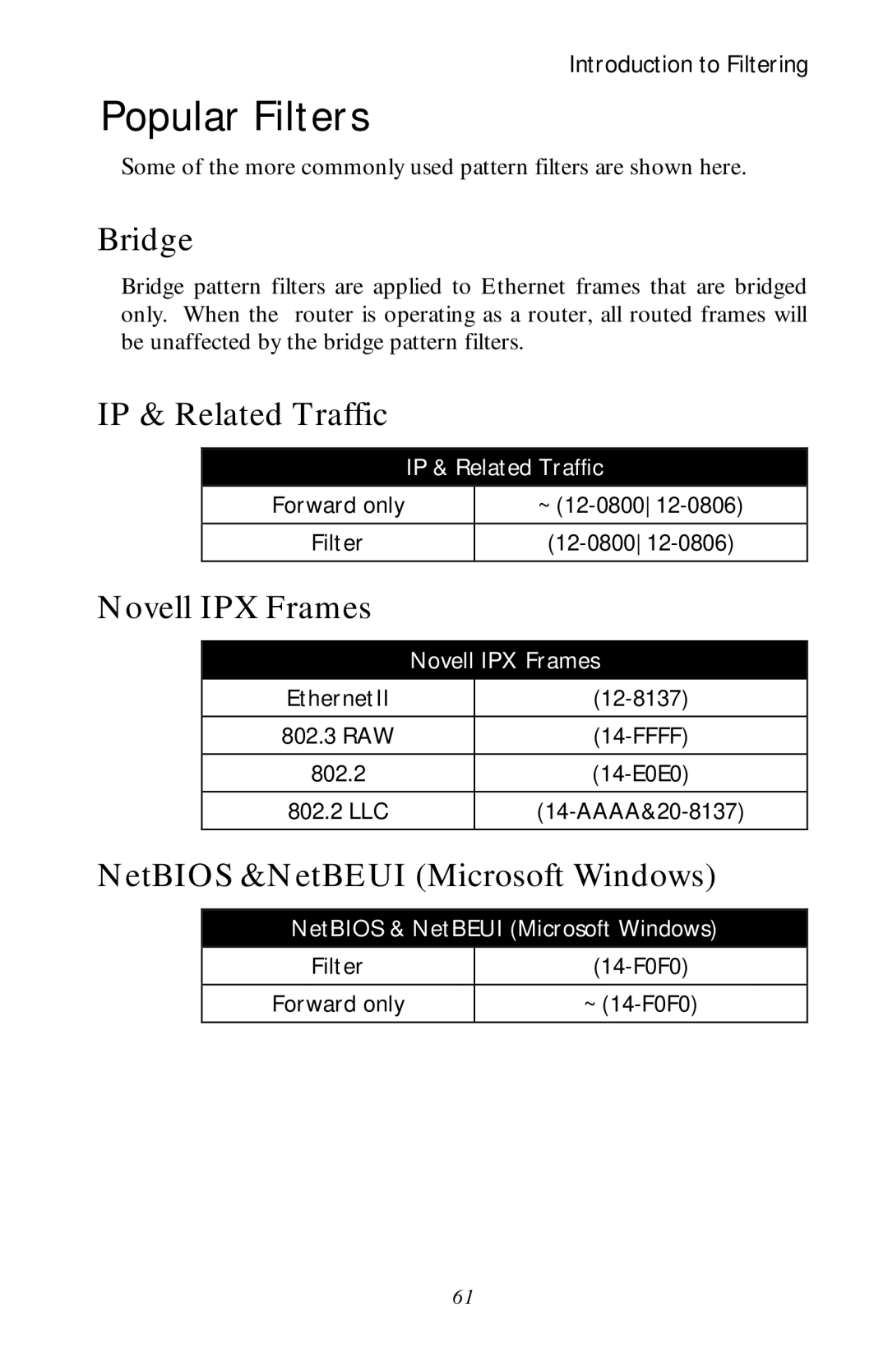 Black Box LR1530A-EU-R3, LR1530A-R3 manual Popular Filters, Bridge, IP & Related Traffic, Novell IPX Frames 