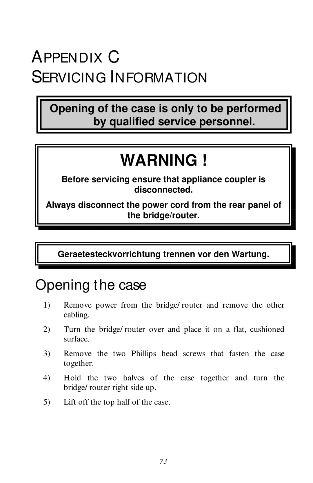 Black Box LR1530A-EU-R3, LR1530A-R3 manual Opening the case, Appendix C Servicing Information 