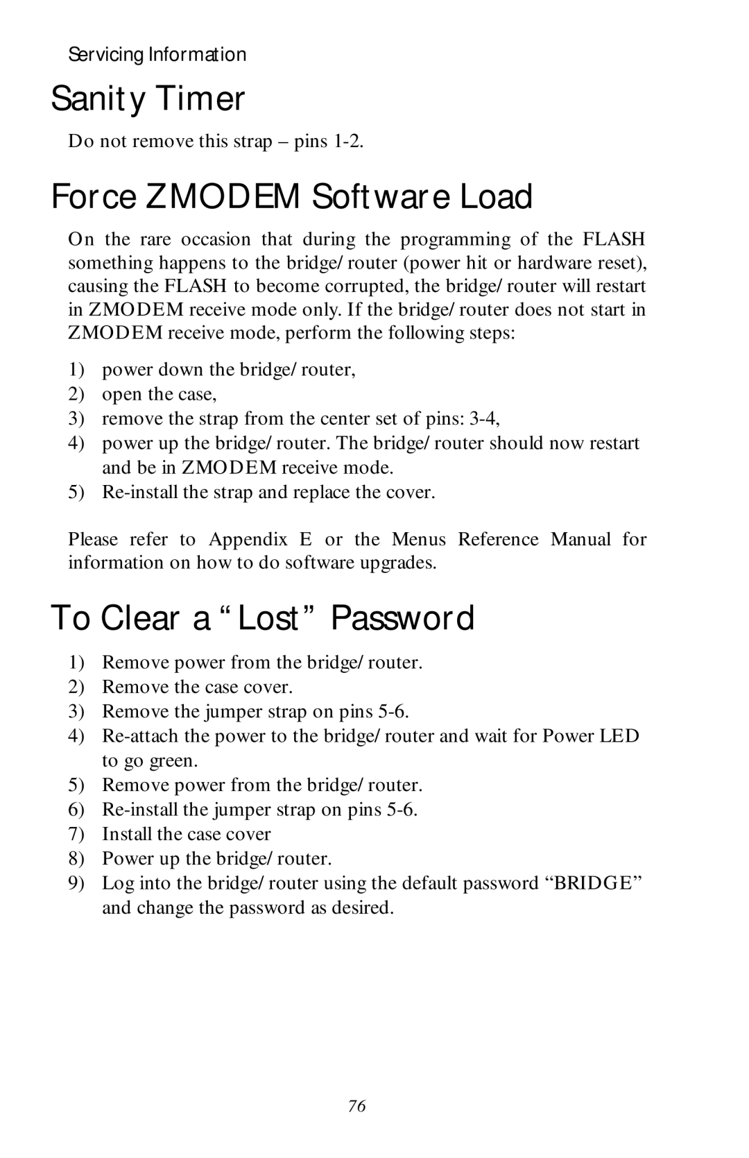 Black Box LR1530A-R3, LR1530A-EU-R3 manual Sanity Timer, Force Zmodem Software Load, To Clear a Lost Password 