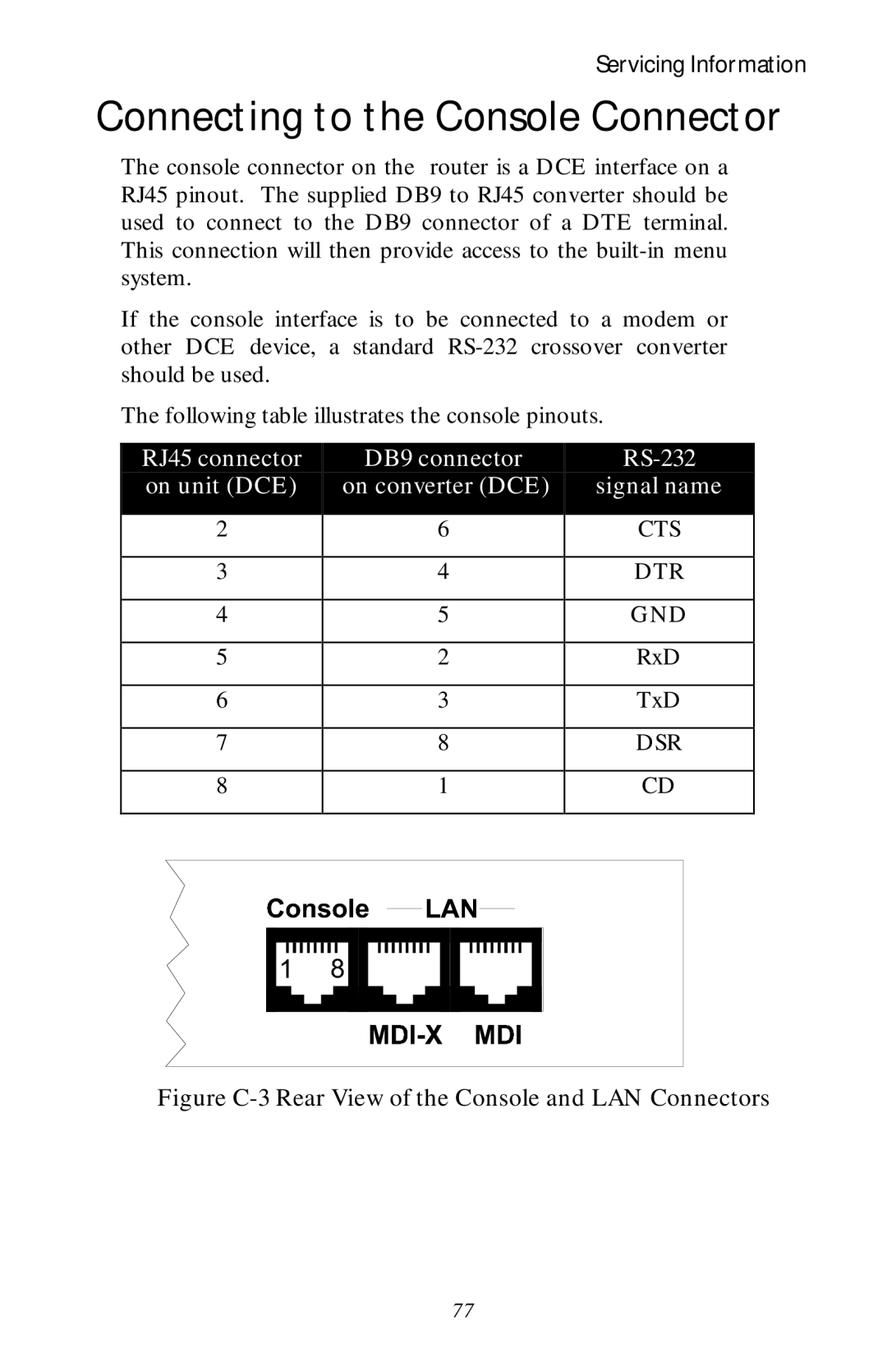 Black Box LR1530A-EU-R3 manual Connecting to the Console Connector, Figure C-3 Rear View of the Console and LAN Connectors 