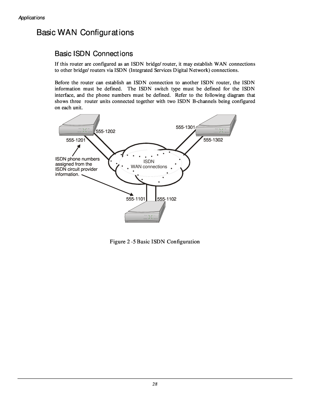 Black Box LR5100A-T, LR5200A-R2 Basic WAN Configurations, Basic ISDN Connections, 5 Basic ISDN Configuration, Applications 