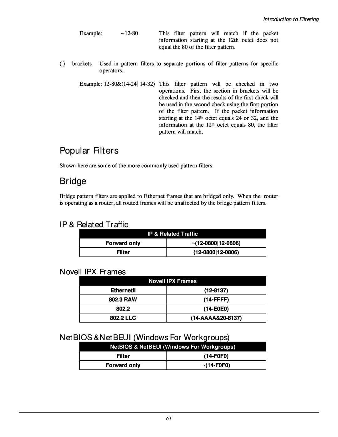 Black Box LR5200A-R2, LR5100A-T manual Popular Filters, Bridge, IP & Related Traffic, Novell IPX Frames 