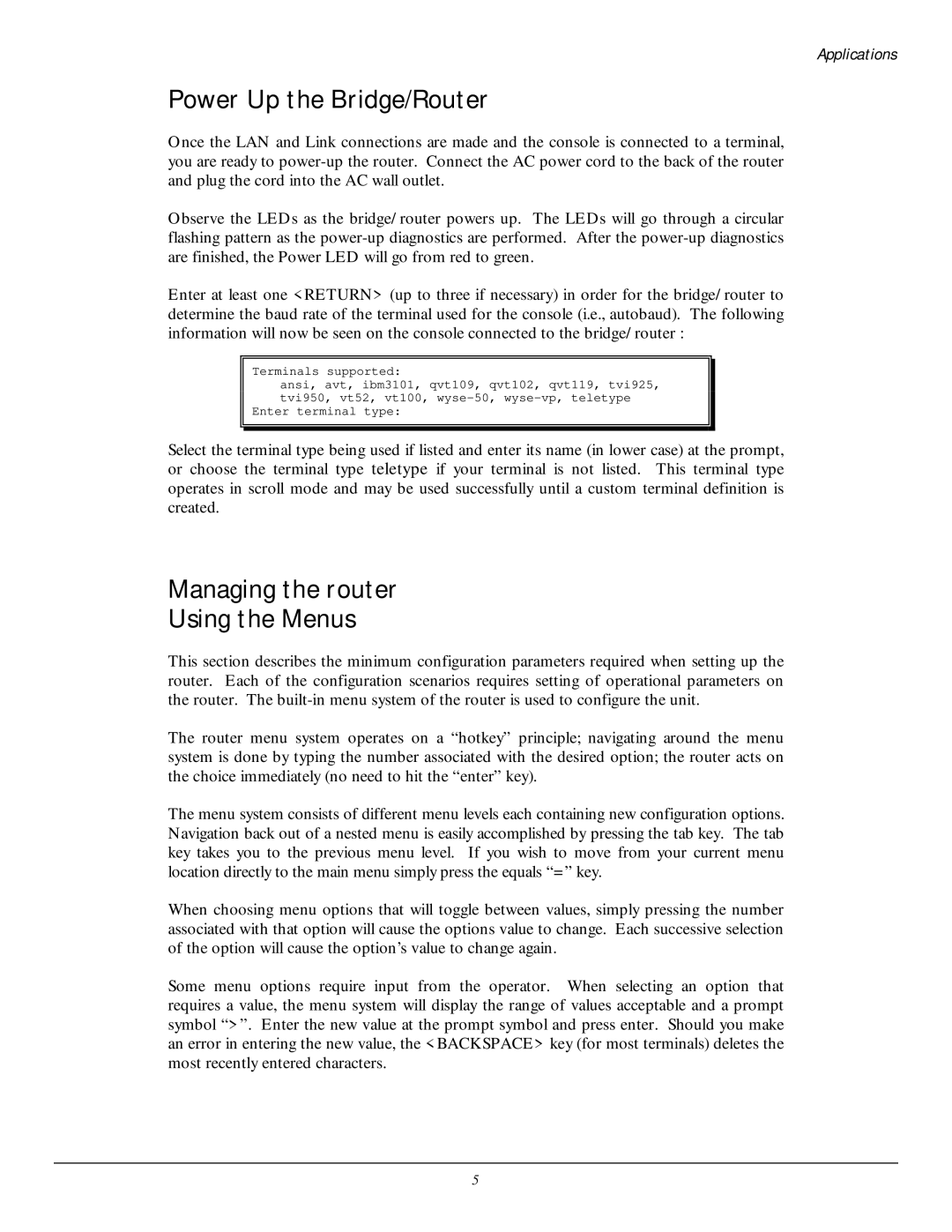 Black Box LR5200A-R2, LR5100A-T manual Power Up the Bridge/Router, Managing the router Using the Menus 