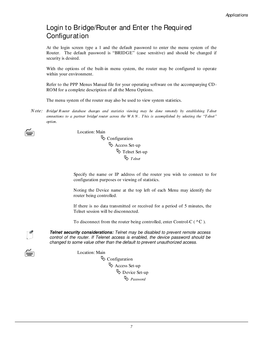 Black Box LR5200A-R2, LR5100A-T manual Login to Bridge/Router and Enter the Required Configuration, Telnet, Password 
