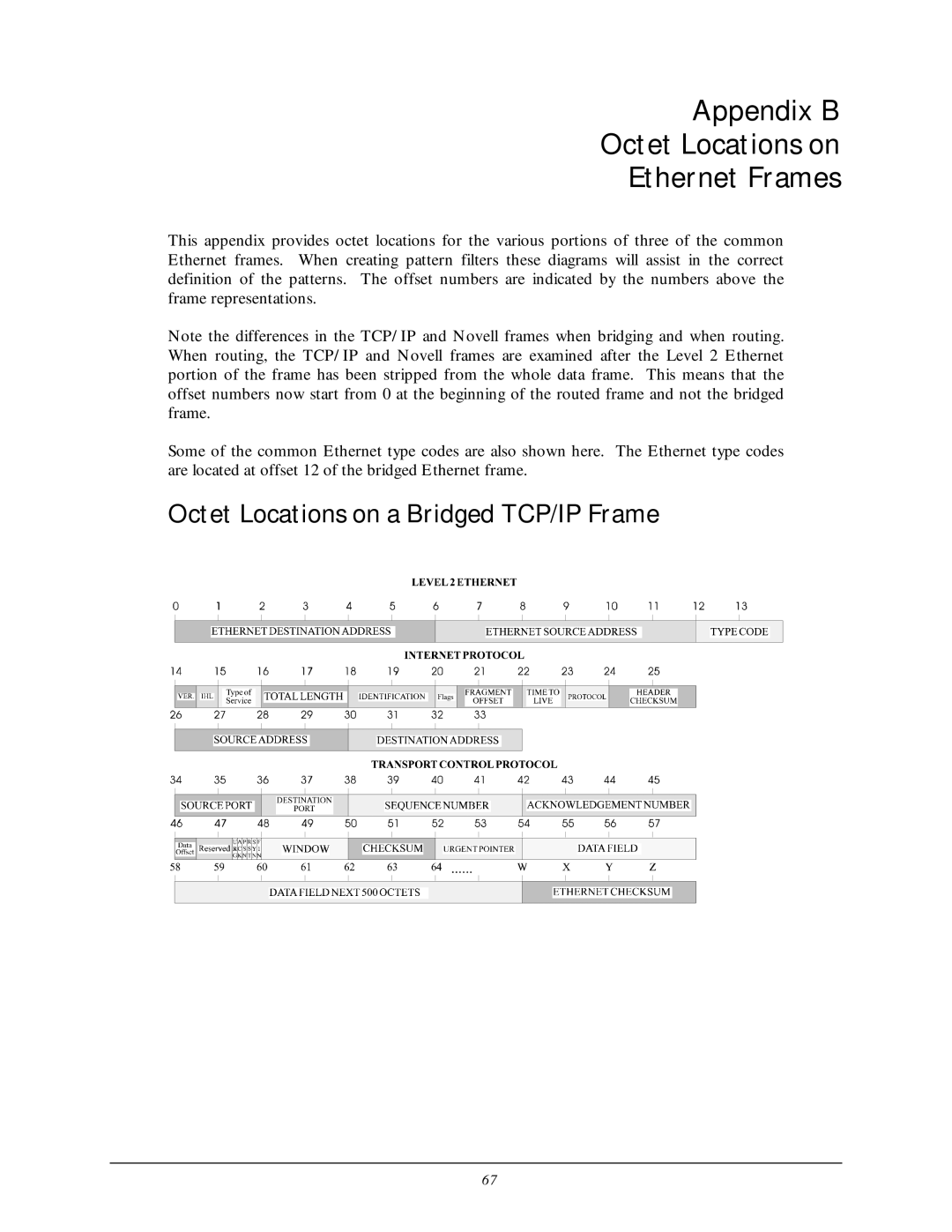 Black Box LR5200A-R2, LR5100A-T Appendix B Octet Locations on Ethernet Frames, Octet Locations on a Bridged TCP/IP Frame 