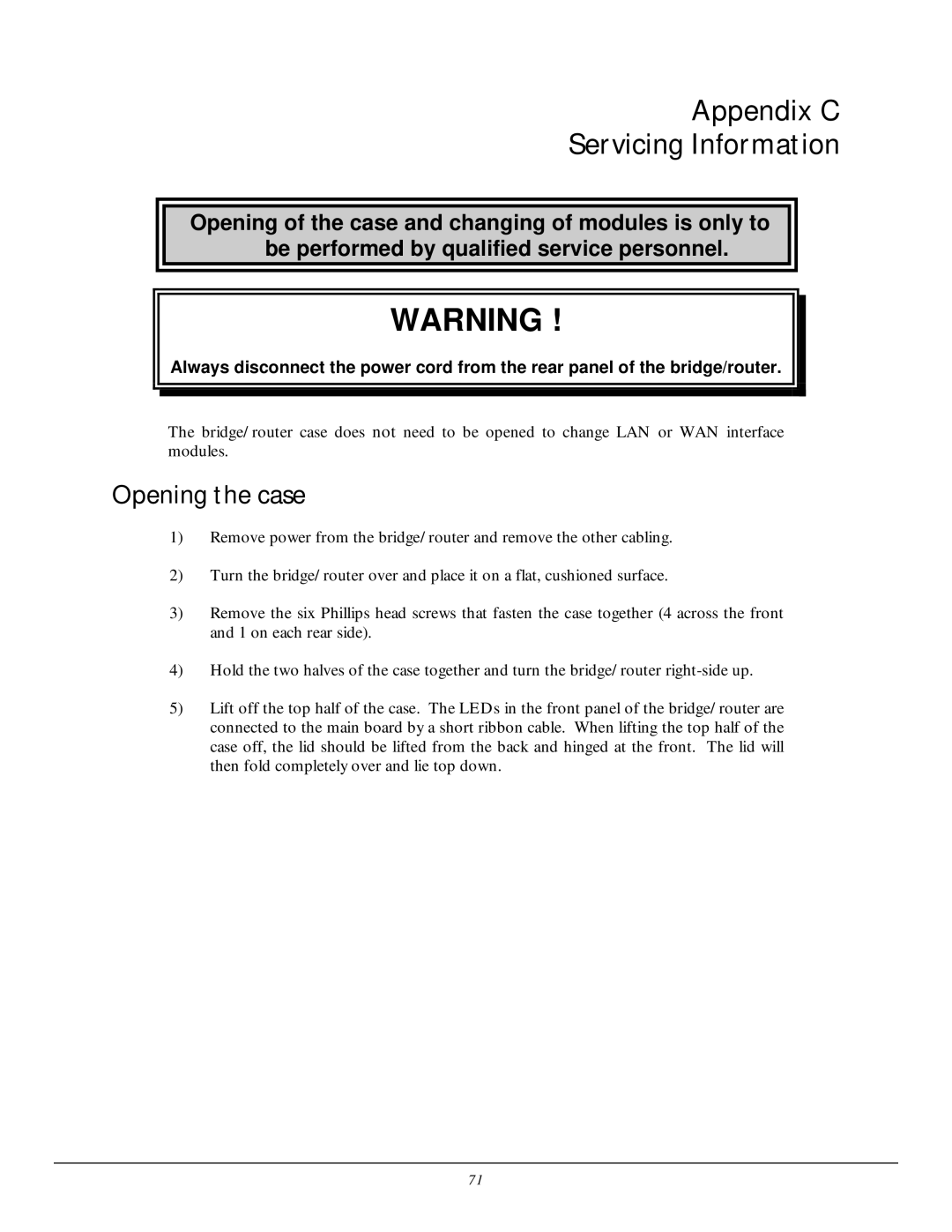 Black Box LR5200A-R2, LR5100A-T manual Appendix C Servicing Information, Opening the case 