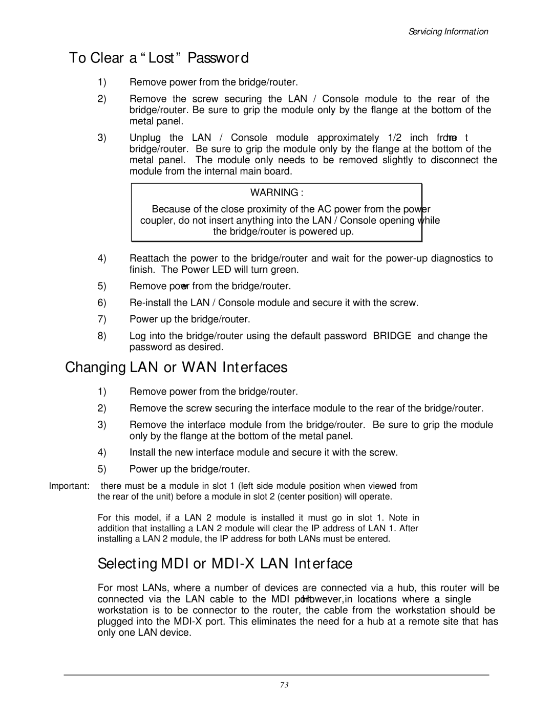 Black Box LR5200A-R2 manual To Clear a Lost Password, Changing LAN or WAN Interfaces, Selecting MDI or MDI-X LAN Interface 